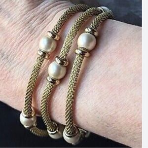 Vintage Anne Klein Gold Tone MESH Multi Strand Faux Pearl Bead BRACELET